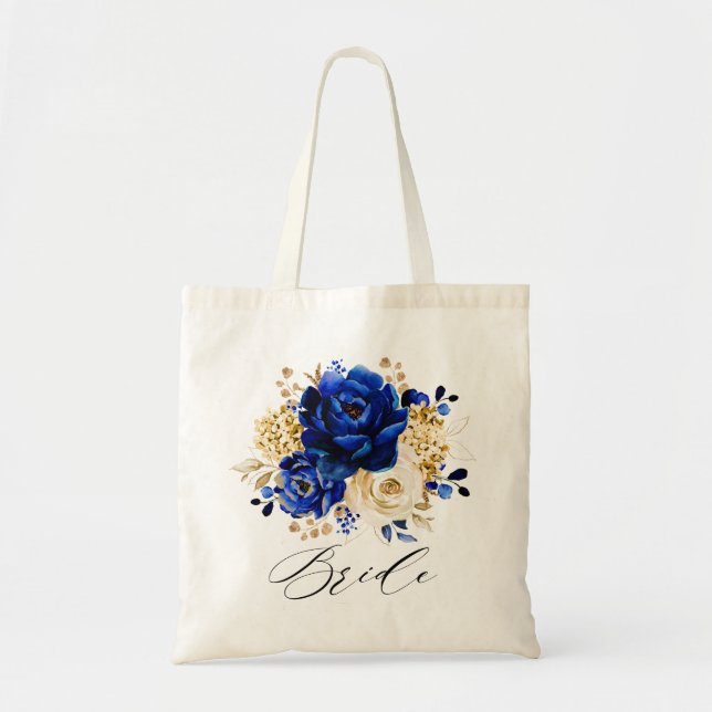 Tote Bag Royal Bleu Jaune Or Métallurgique Floral Bride (Devant)