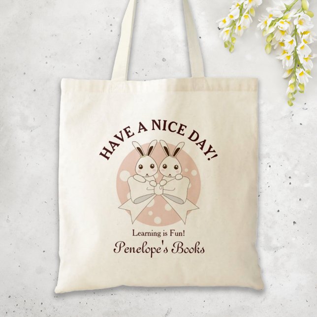 Tote Bag Ruban blanc blanc cassé rose pastel et lapin jumea (Créateur téléchargé)