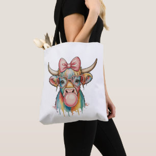 Tote Bag Ruban Coquette Rose Vache Highland Bubble Gum