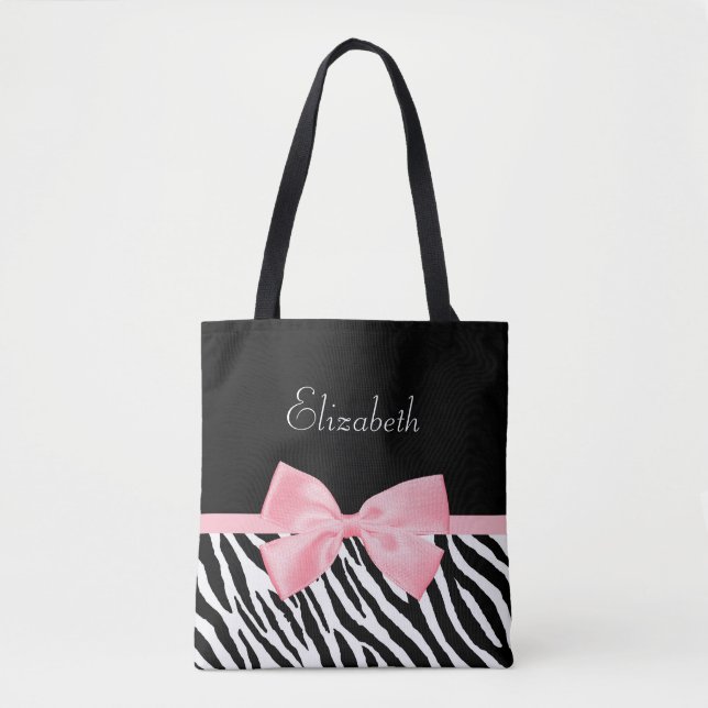 Tote Bag Ruban rose-clair Girly d'impression chic de zèbre (Devant)