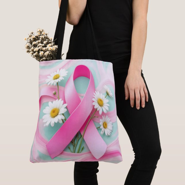 Tote Bag Ruban rose et marguerites Sensibilisation au cance (De près)