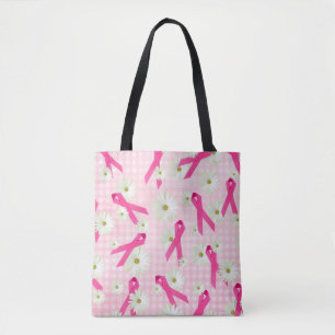 Tote Bag ruban rose et marguerites sur en vichy