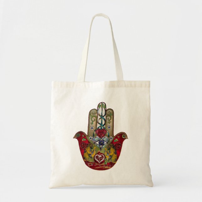 Tote Bag Ruby Pomegranate Heart Red Bird Hamsa (Devant)