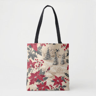Tote Bag Rustic Bird et Poinsettia Motif de Noël (12)