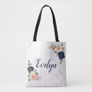 Tote Bag Rustic Navy, Bleu, floral de plomb personnalisé