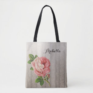 Tote Bag Rustique Bois Patiné Rose Vintage Avec Nom