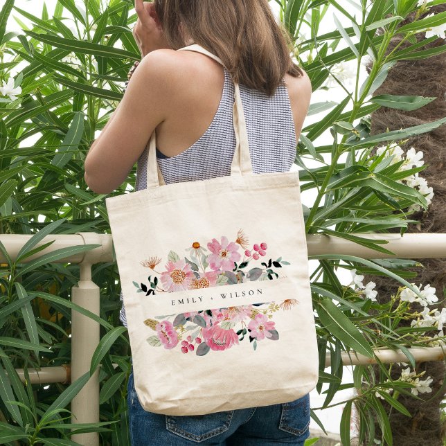 Tote Bag Rustique vif rose Aquarelle rose Mariage Floral (Créateur téléchargé)