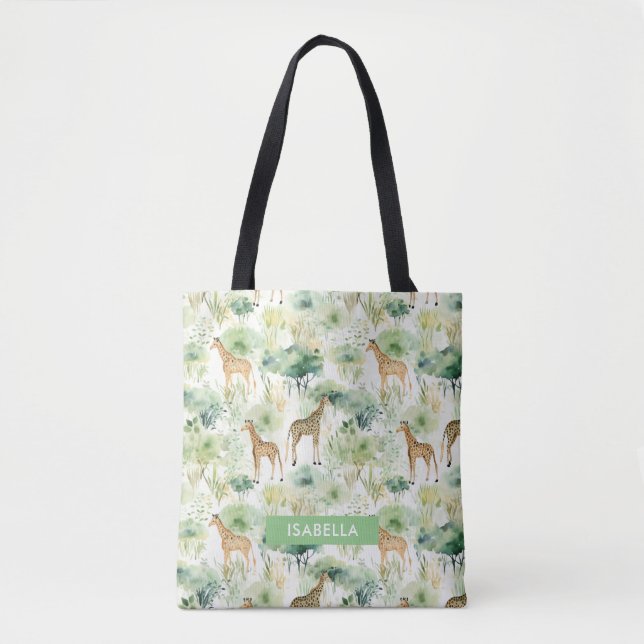 Tote Bag Safari Animal - Giraffe Motif Sage Green (Devant)