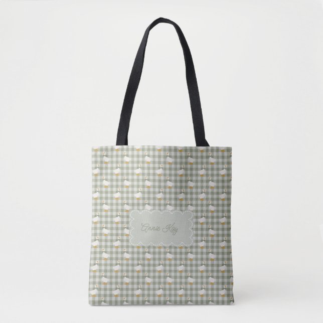 Tote Bag Sage Green Gingham Goose Buffalo Check Custom Name (Devant)
