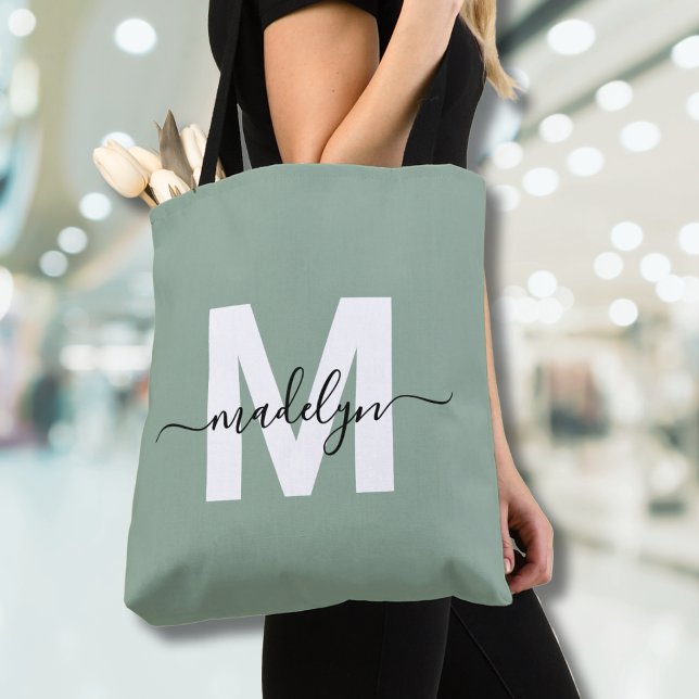 Tote Bag Sage Green Modern Script Nom Monogramme (Sage Green Modern Script Name Monogram Tote Bag)
