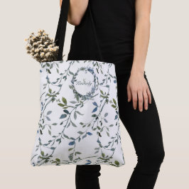 Tote Bag Sage Silver Green Floral Initial Monogramme