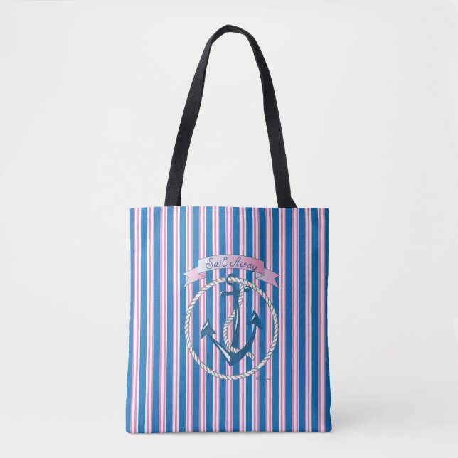 Tote Bag "Sail Away", Ancre nautique Motif Bleu Stripes (Devant)