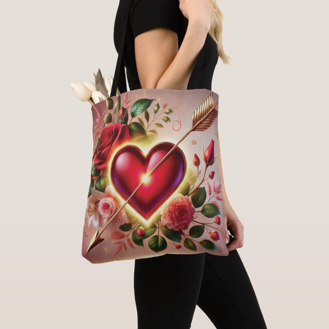 Tote Bag Saint Valentin Coeur d'or et Rose (De près)