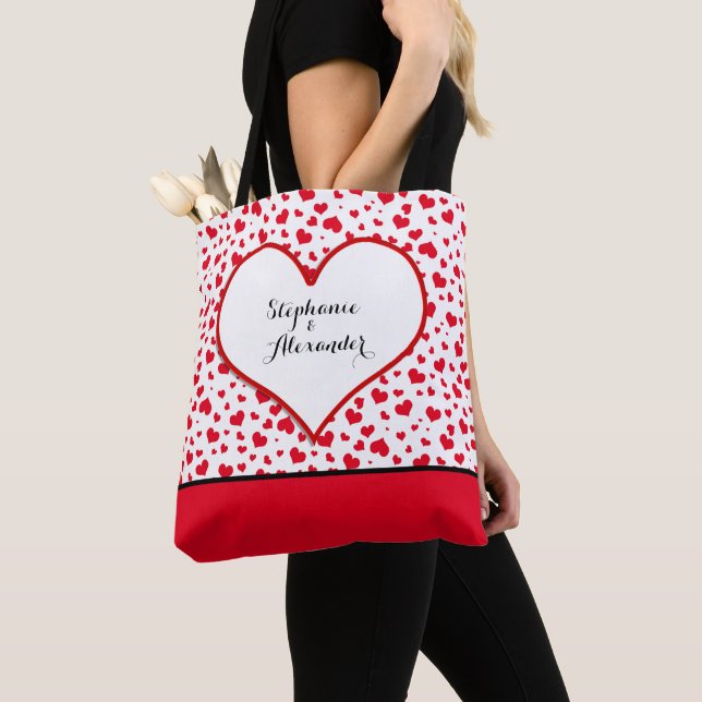 Tote Bag Saint-Valentin Coeurs Motifs Love Couple Name (De près)