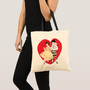 Tote Bag Saint-Valentin rétro, Arlequin et cœur vintage
