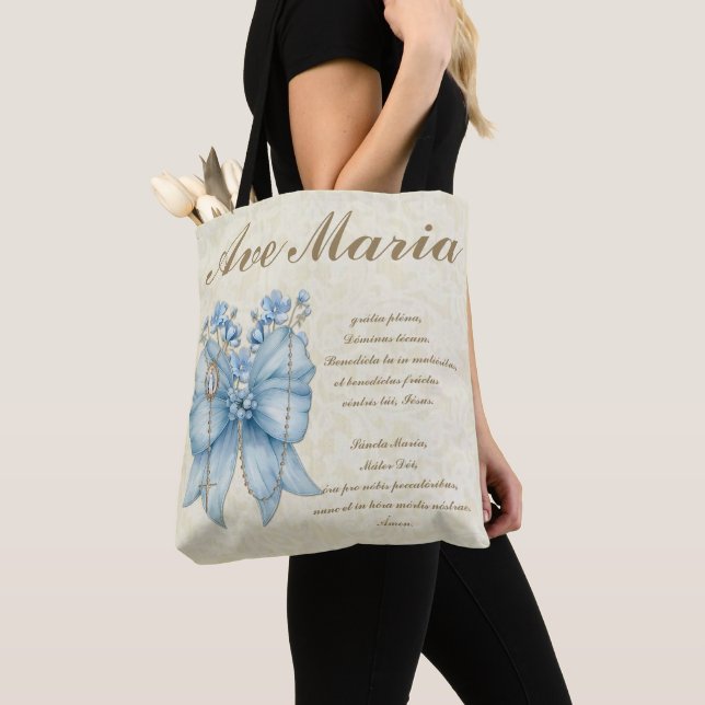 Tote Bag Sainte Mère Sainte Rosaire Bleu Floral (De près)