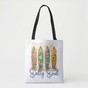 Tote Bag Salty Soul Planches de surf Florales Tropicales