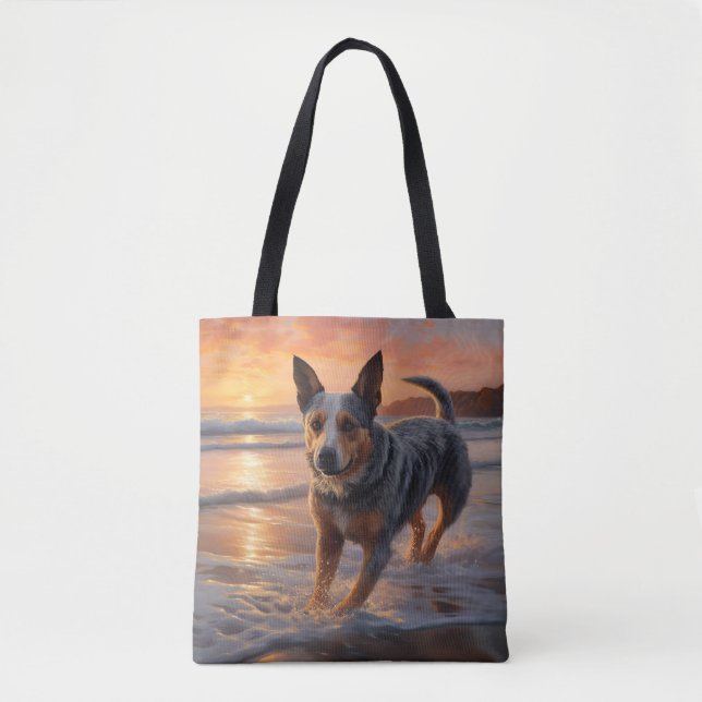 Tote Bag Sandy Paws Australian Cattle Dog on Beach Sunset (Devant)