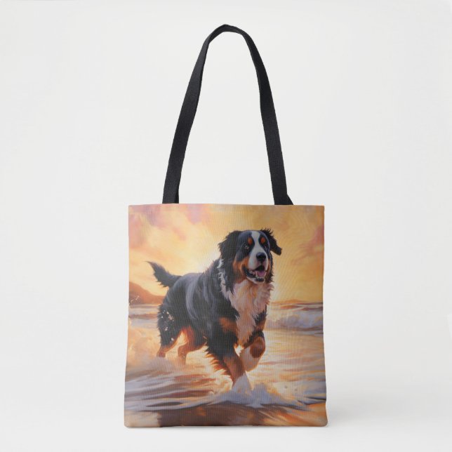 Tote Bag Sandy Paws Bernese Mountain Dog on Beach Sunset (Devant)