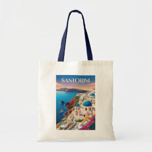 Tote Bag Santorin Grèce Dôme Bleu Voyage Art Vintage