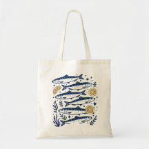 Sardines Vintage Impression Linogravure Bleu Poiss