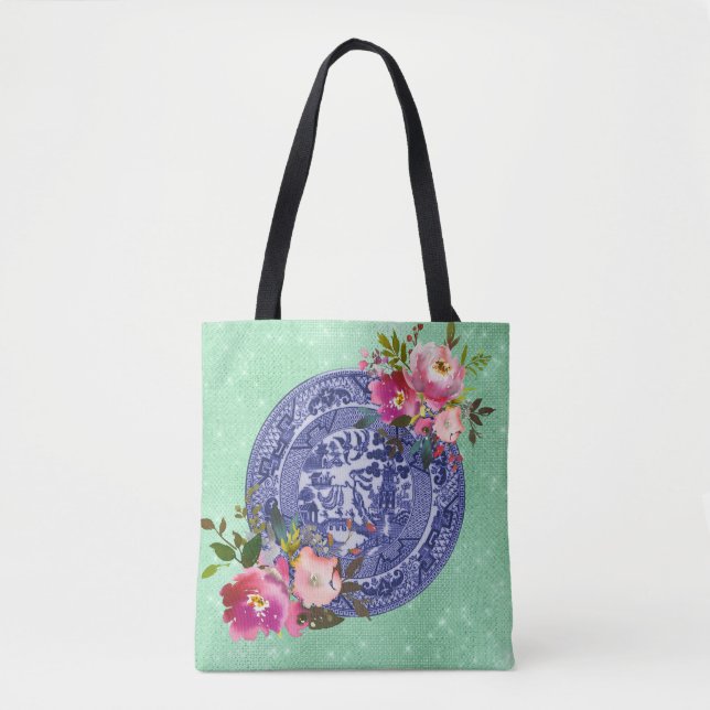 Tote Bag Saule et roses bleus bleus et blancs de la Chine (Devant)