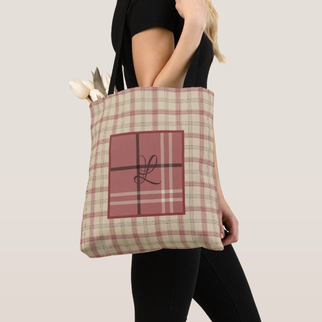 Tote Bag Saumon et crème Plaid Élégant (De près)