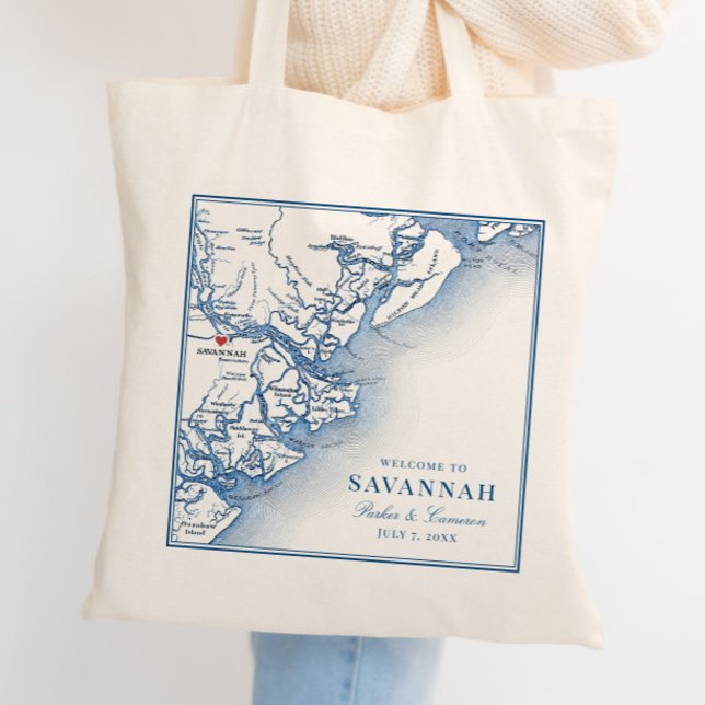 Tote Bag Savannah Georgia Carte Elégant Mariage bleu marine (Elegant Savannah Georgia Custom Wedding Tote Bag with personalized navy blue map)