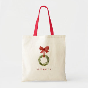 Tote Bag Scandi Christmas Wreath Red Bow Nom personnalisé