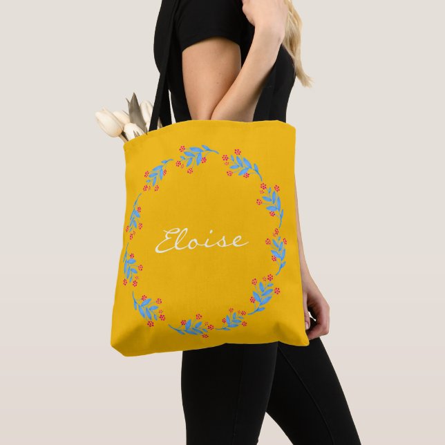 Tote Bag Scandinave Jaune Folle Floral Wreath Nom personnal (De près)