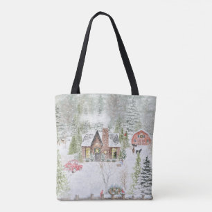 Tote Bag Scène de cabane de Noël hivernal enneigée