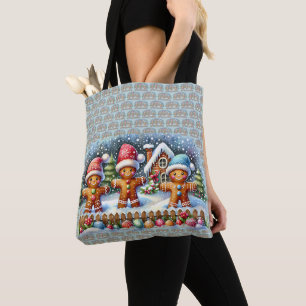 Tote Bag Scène de Noël enneigée avec une famille en pain d'