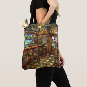TOTE BAG SCÈNE DE PUB IRLANDAIS DE STYLE VITRAUX