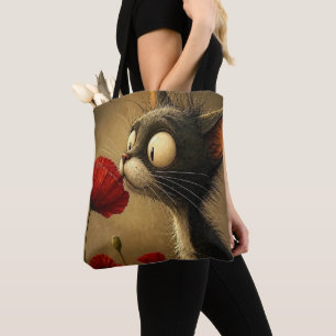 Tote Bag, Schwarz-Weiß-Katze rote Blume  Tasche