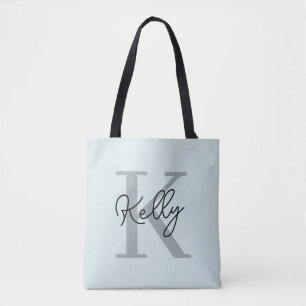Tote Bag Script de Monogramme bleu aquatique moderne