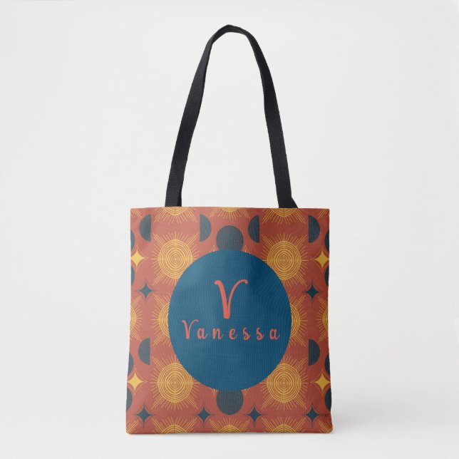 Tote Bag Script de monogramme Boho Celestial Sun Moon (Devant)