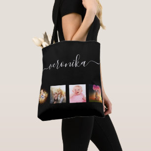 Tote Bag Script de nom de collage photo noir