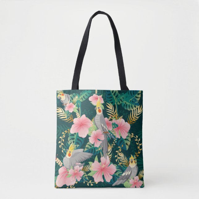 Tote Bag Seamless pattern cute cockatiel parrot sits on gre (Devant)