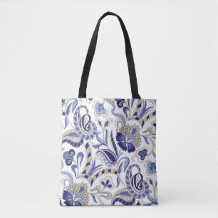 Tote Bag Seamless traditional Indian blue paisley patternpa