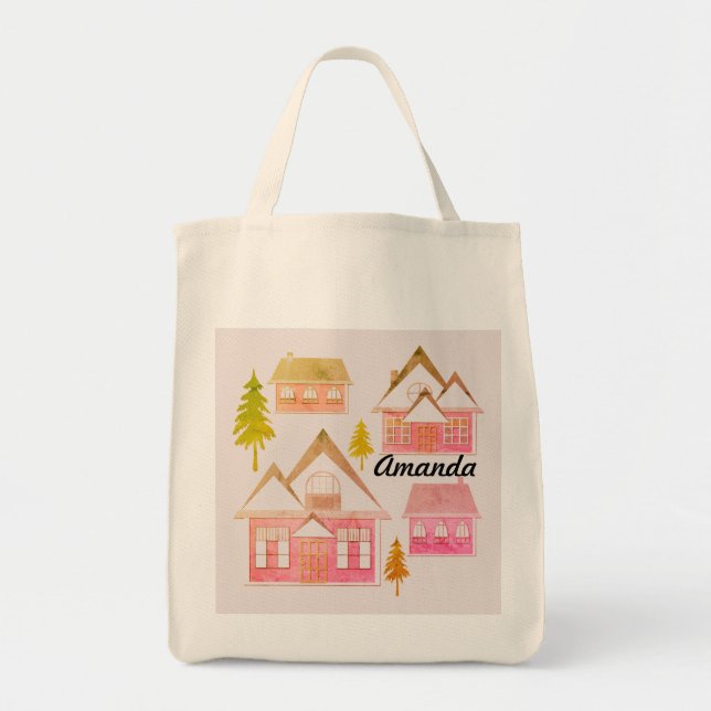 Tote Bag Seamless winter Merry Christmas landscape gray hou (Devant)