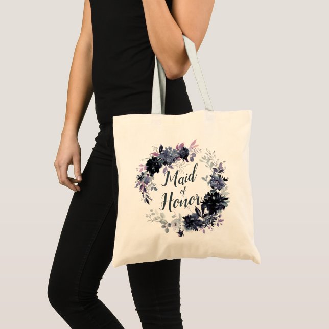 Tote Bag Serment floral noir de servante d'honneur (Devant (produit))