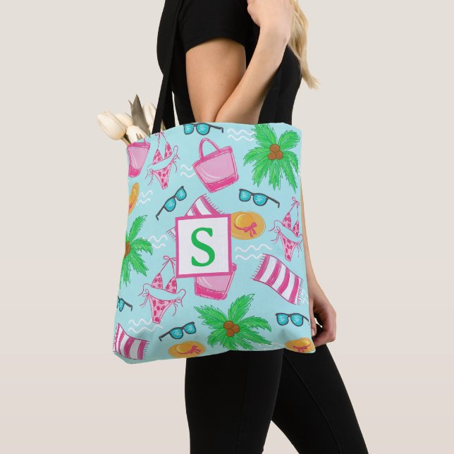 Tote Bag Serviette de plage préppy avec palmier et monogram (De près)
