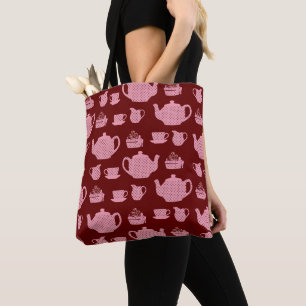 Tote Bag Set de thé à base de pois rose sur Motif bourgogne