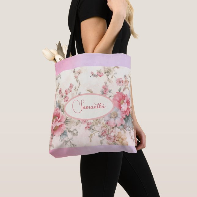 Tote Bag Shabby chic motif floral rose (De près)