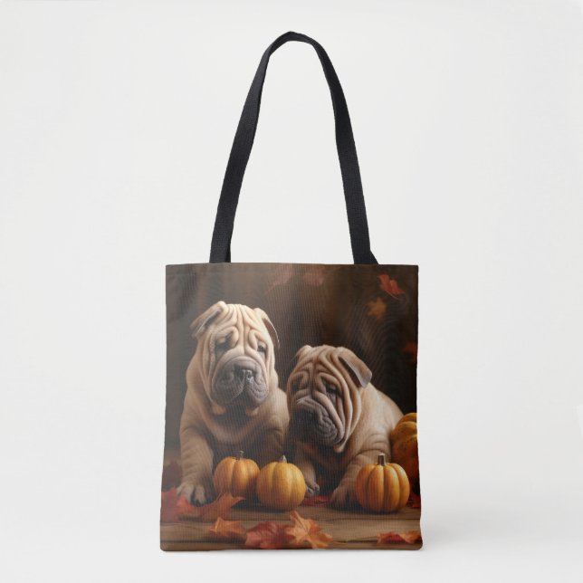 Tote Bag Shar Pei Chiot Automne Citrouille de plaisir (Devant)