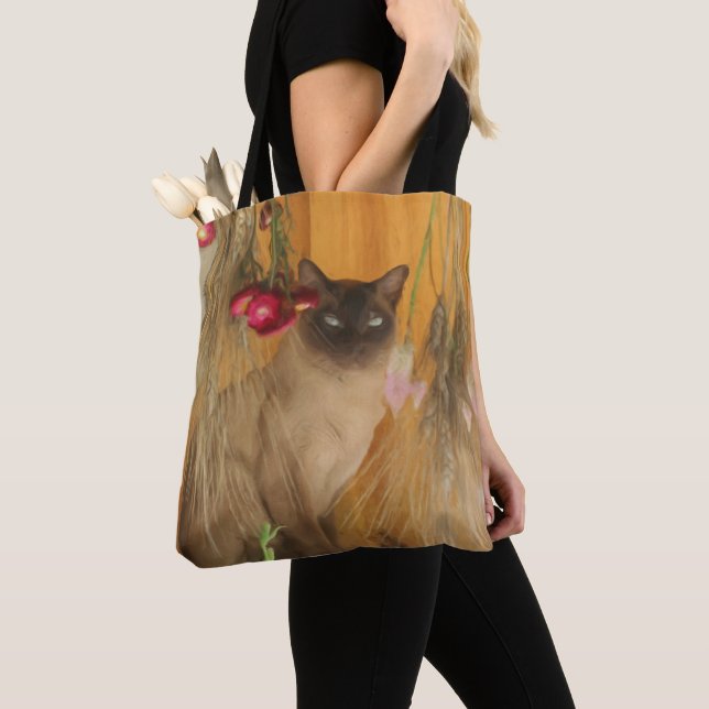 Tote Bag Siamese Chat Fleurs séchées Photo Peinture (De près)