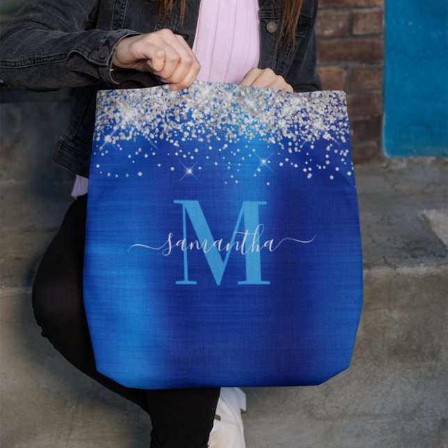 Tote Bag Signature Monogram Silver Parties scintillant Roya (Silver Glitter Royal Blue Foil Signature Monogram Tote Bag)