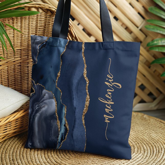 Tote Bag Signature personnalisée Marine Blue Gold Agate (Créateur téléchargé)
