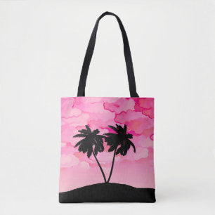 Tote Bag Silhouette de palmier, rose aurore avec nuages