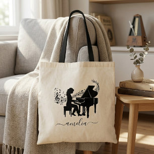 Tote Bag Silhouette de pianiste fille personnalisée notes d